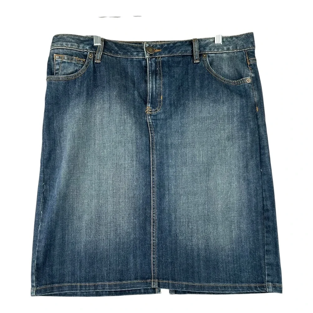 Lands End Straight Denim Above Knee Skirt Y2K Faded Wash Stretch Womens Size 12